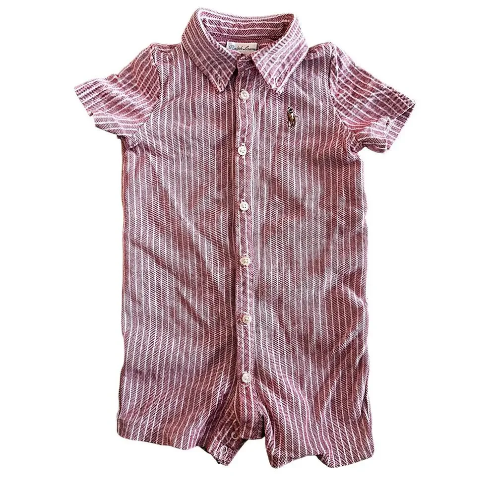 Ralph Lauren Baby Red & White Striped Button Front Romper Pony Logo 18M